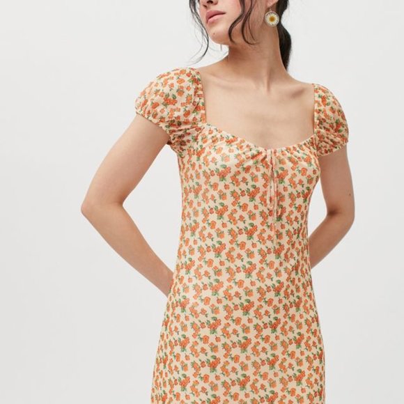 MOTEL ROCKS ORANGE FLORAL MESH MIDI DRESS. SIZE M. WORN ONCE - Picture 2 of 11